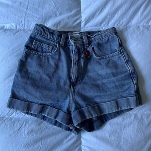 American Apparel High Waisted Denim Shorts Cuffed Embroidered Patches Size 25